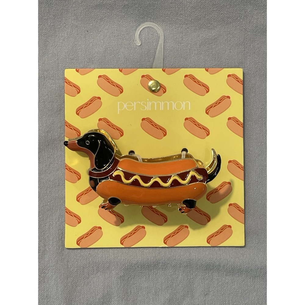 NEW Persimmon Hot Dog Dachshund Wiener Dog Enamel Gold Colored Hair Claw Clip